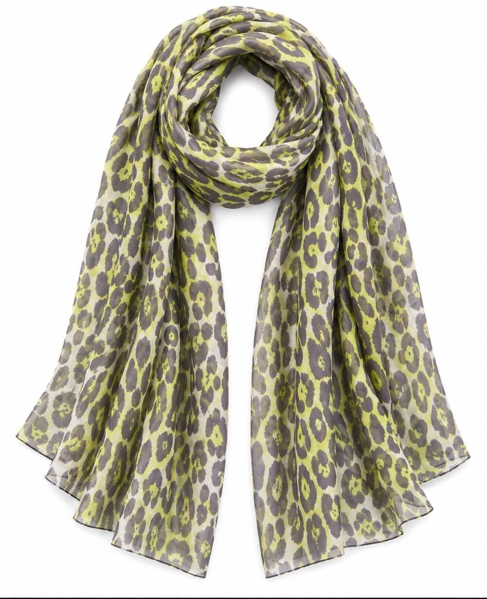 Nine West Leopard Animal Print Scarf Lime Green Gray Long Lightweight